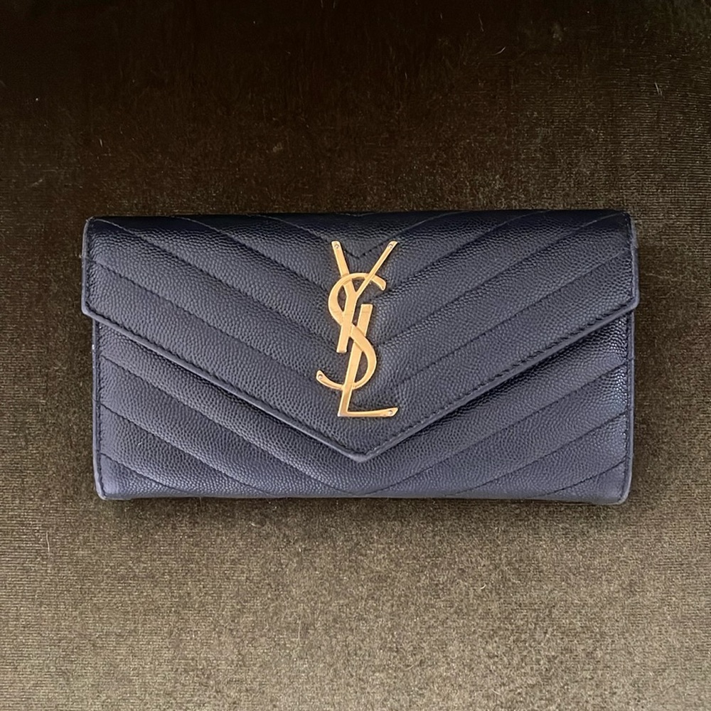 Authentic YSL Monogram Large Flap Wallet in Grained Leather